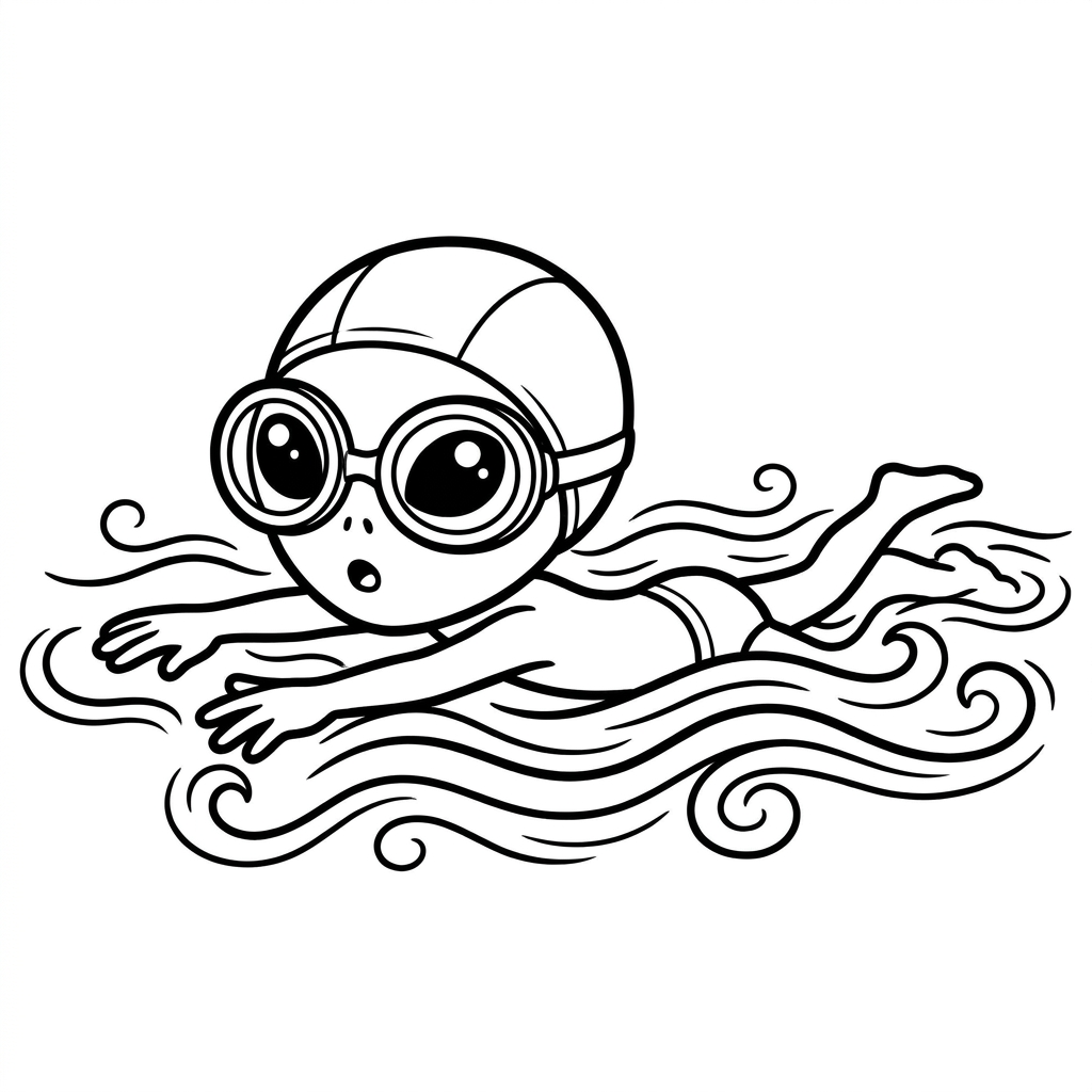 Baby Yoda coloring page swimming in a pool with goggles